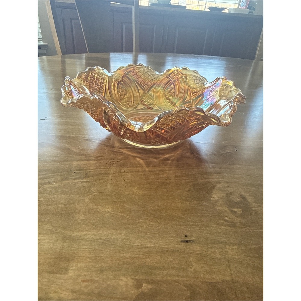 Vintage Imperial Hobstar & Arches Marigold Carnival Glass Ruffled Edge 9"Bowl